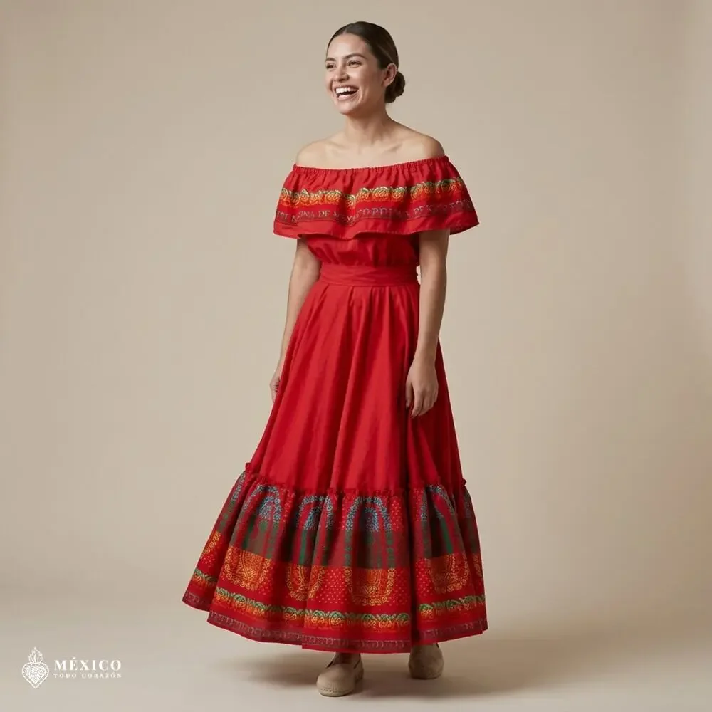 Traditional Mexican 3-Piece Cambaya Dress Set with Matching Rebozo Handmade